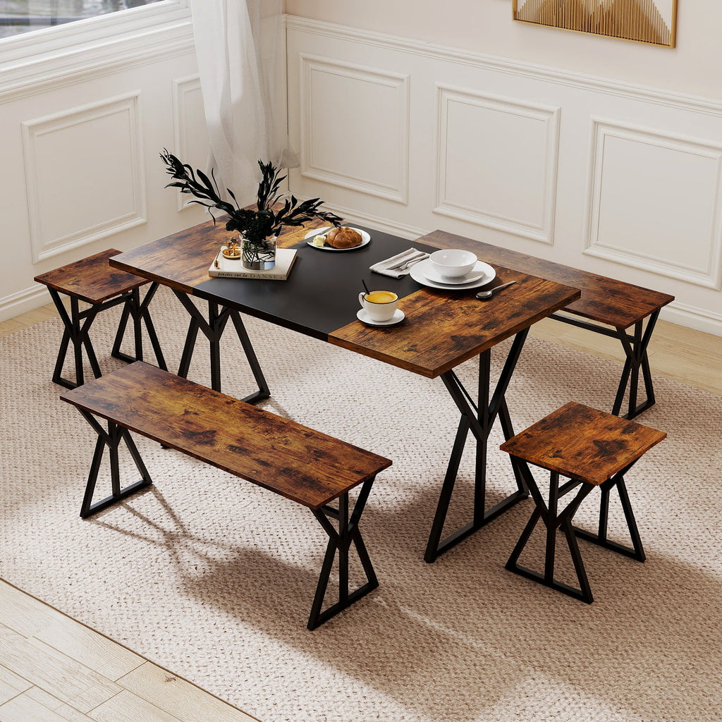5-Piece Dining Room Set Industrial Rectangular Kitchen Table with 2 Benches and 2 Stools-Rustic Brown