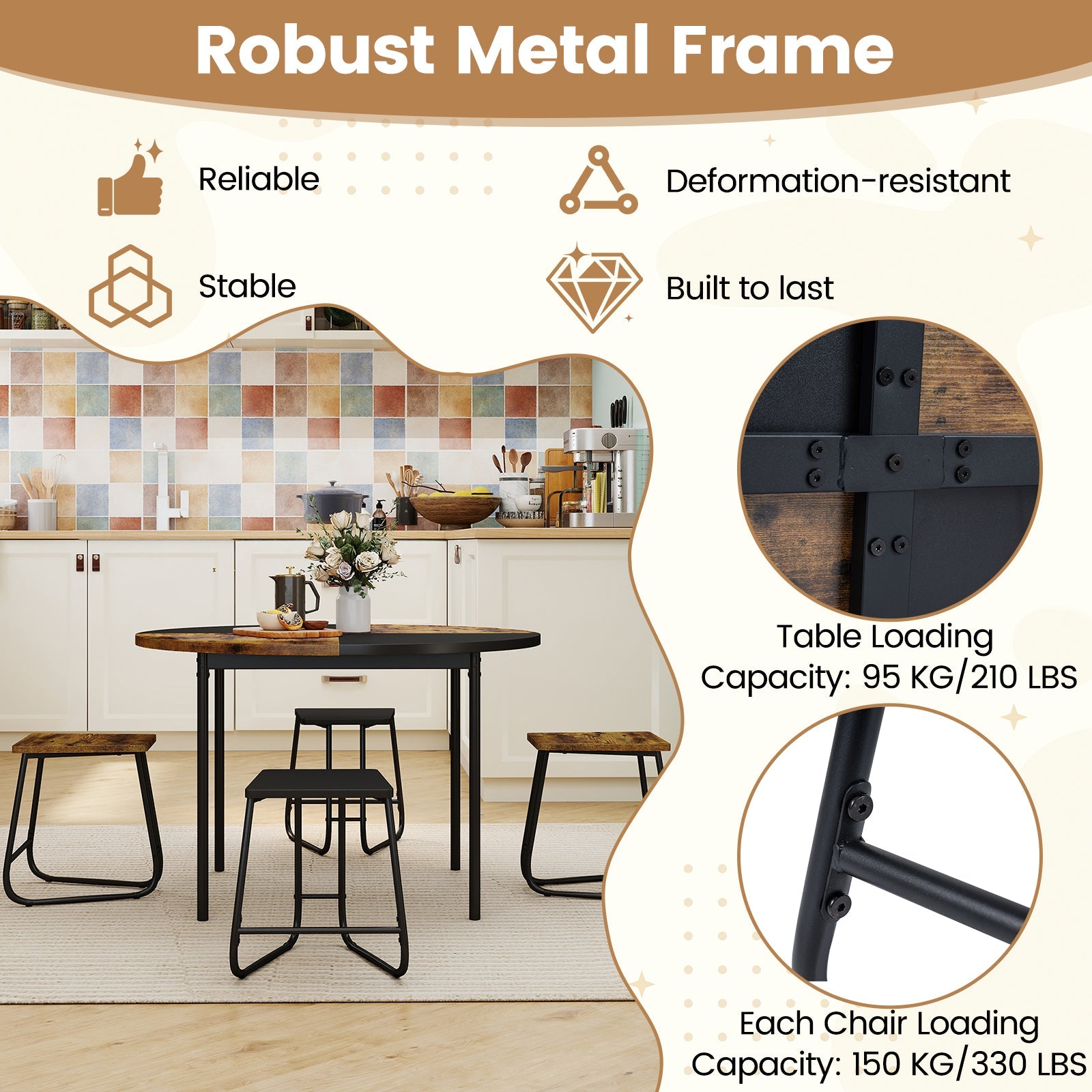 5-Piece Dining Set for 4 47 Inch Round Kitchen Table and 4 Stools-Brown