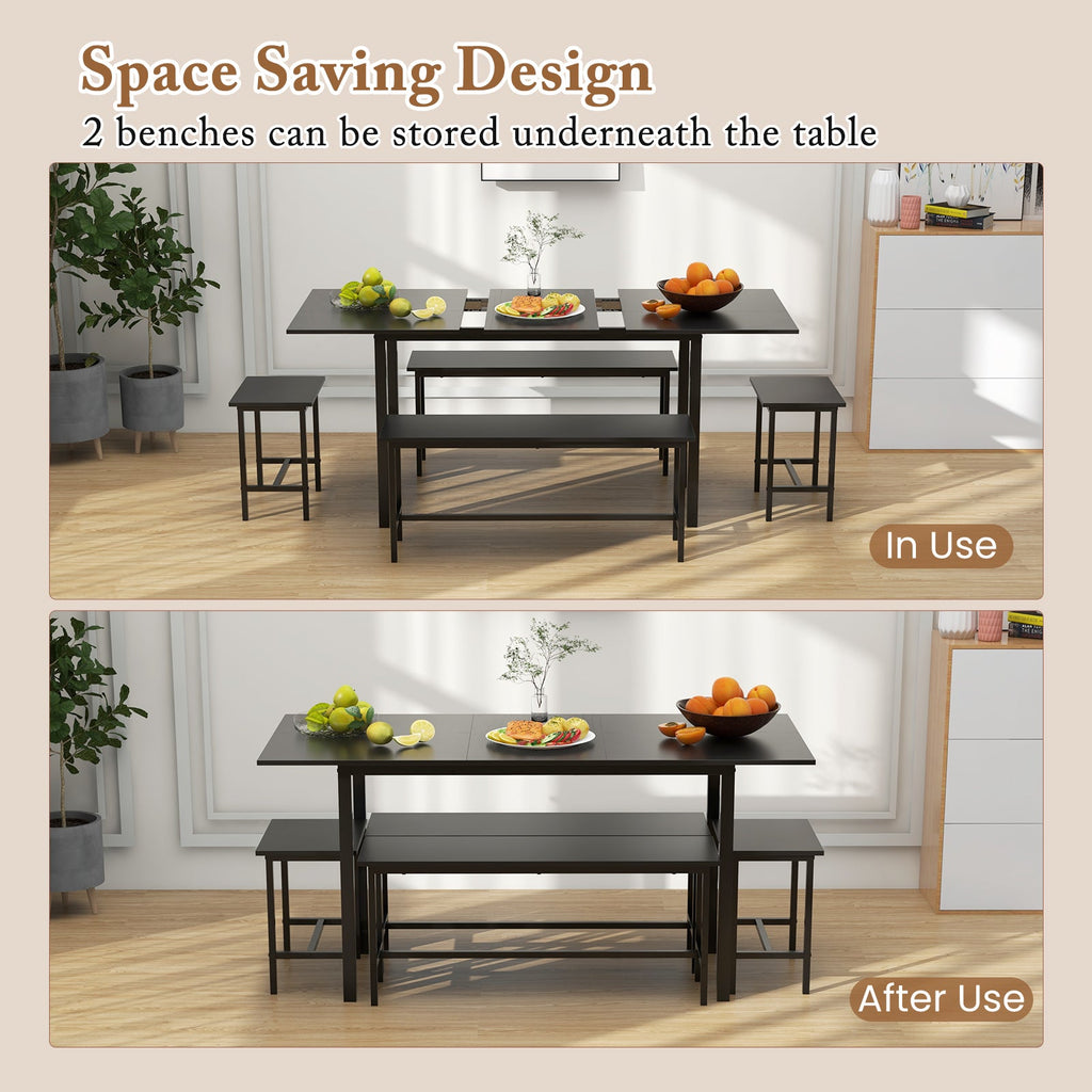 5 Piece Dining Table Set for 4-6 with 2 Benches & 2 Stools for Kitchen Dining Room