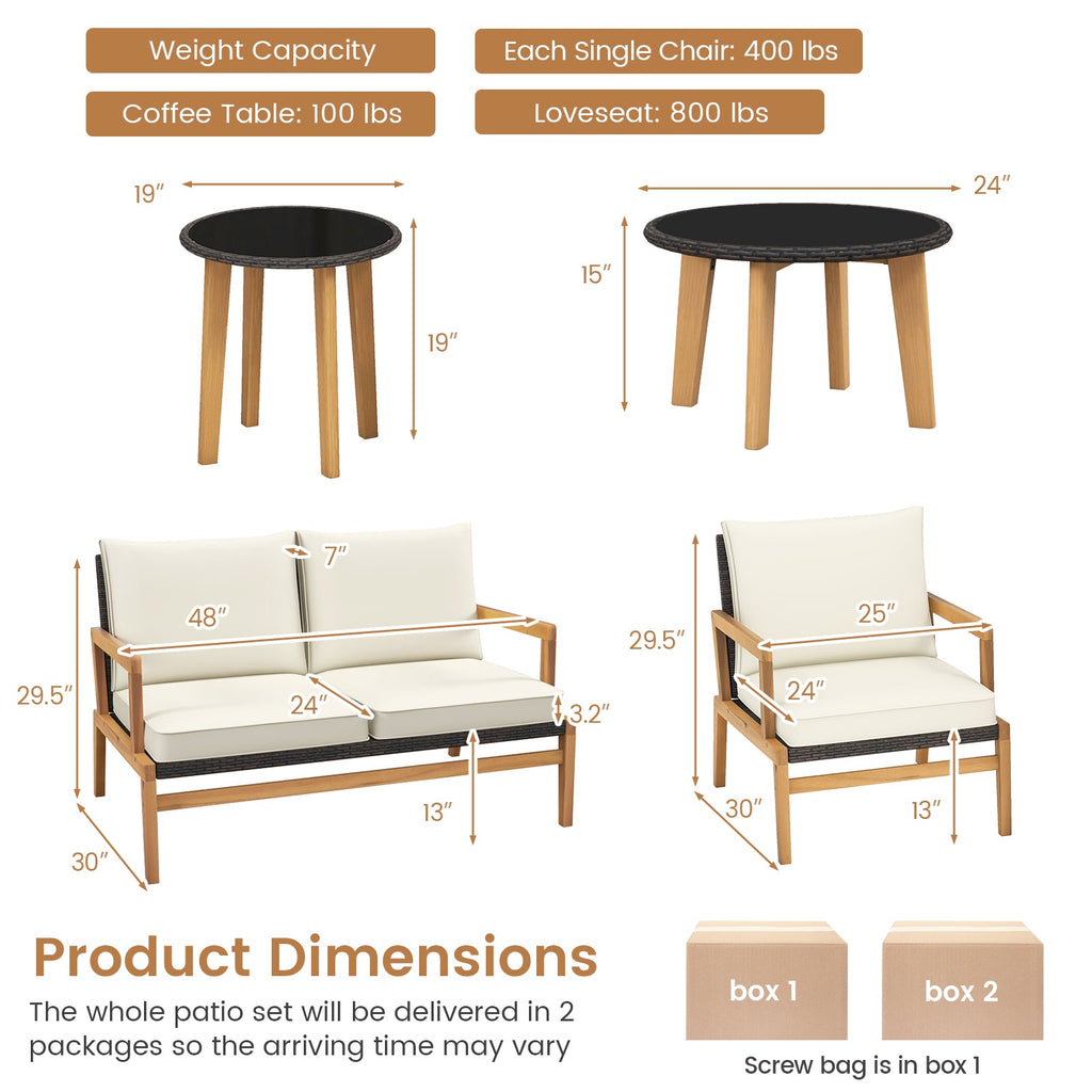 5 Piece Rattan Furniture Set Wicker Woven Sofa Set with 2 Tempered Glass Coffee Tables-Off White