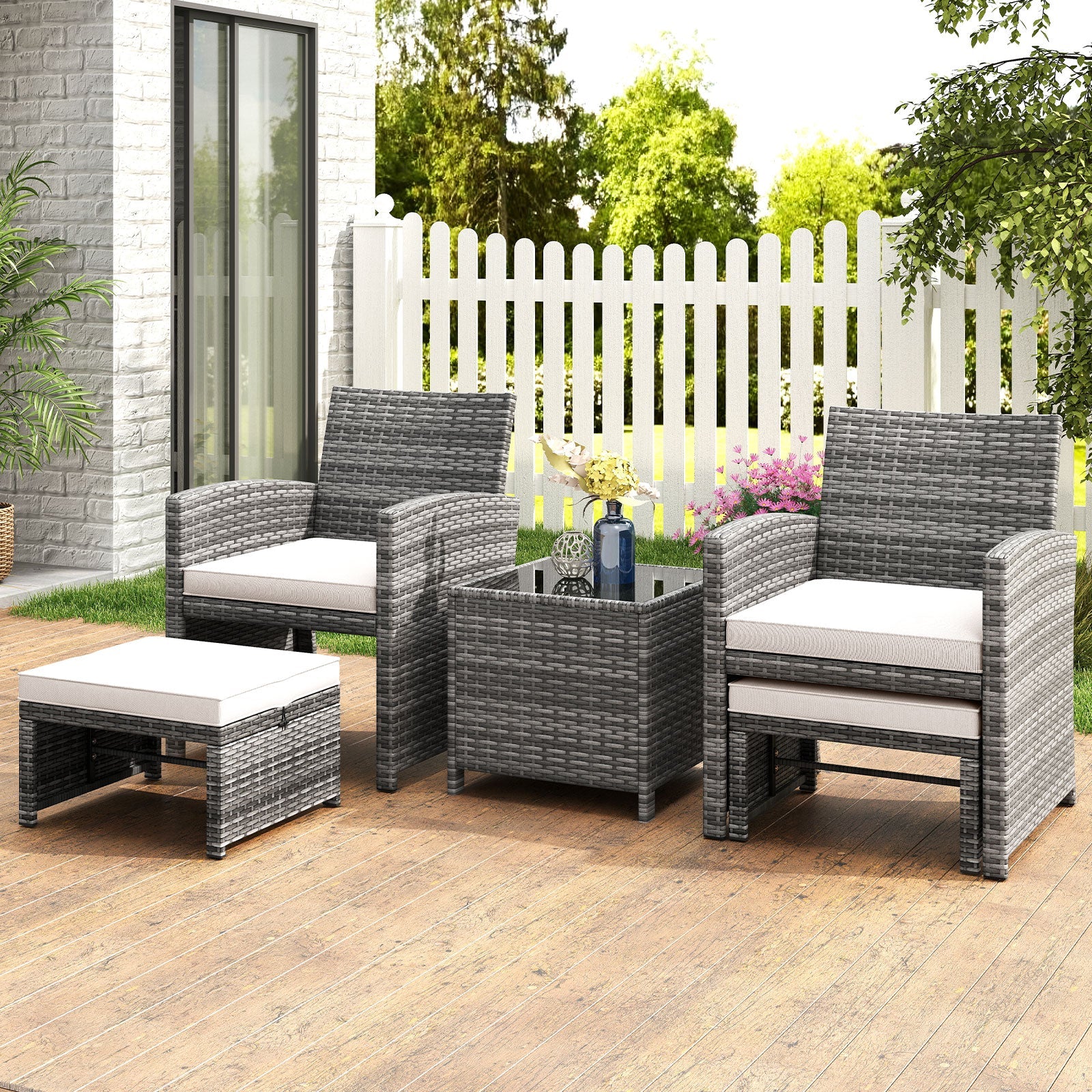 5 Pieces Patio Furniture Set PE Wicker Outdoor Lounge Chairs with 2 Ottomans