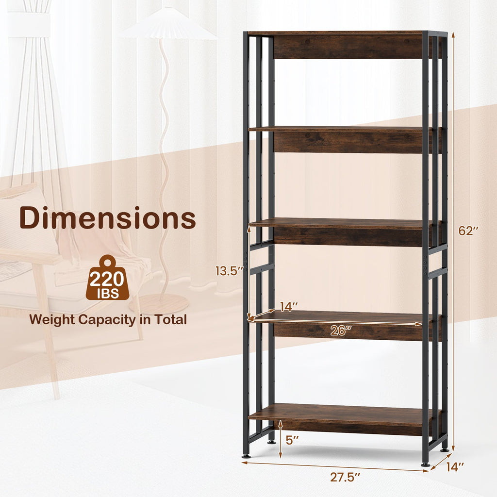 5-Tier Bookshelf with Adjustable and Tiltable Shelves
