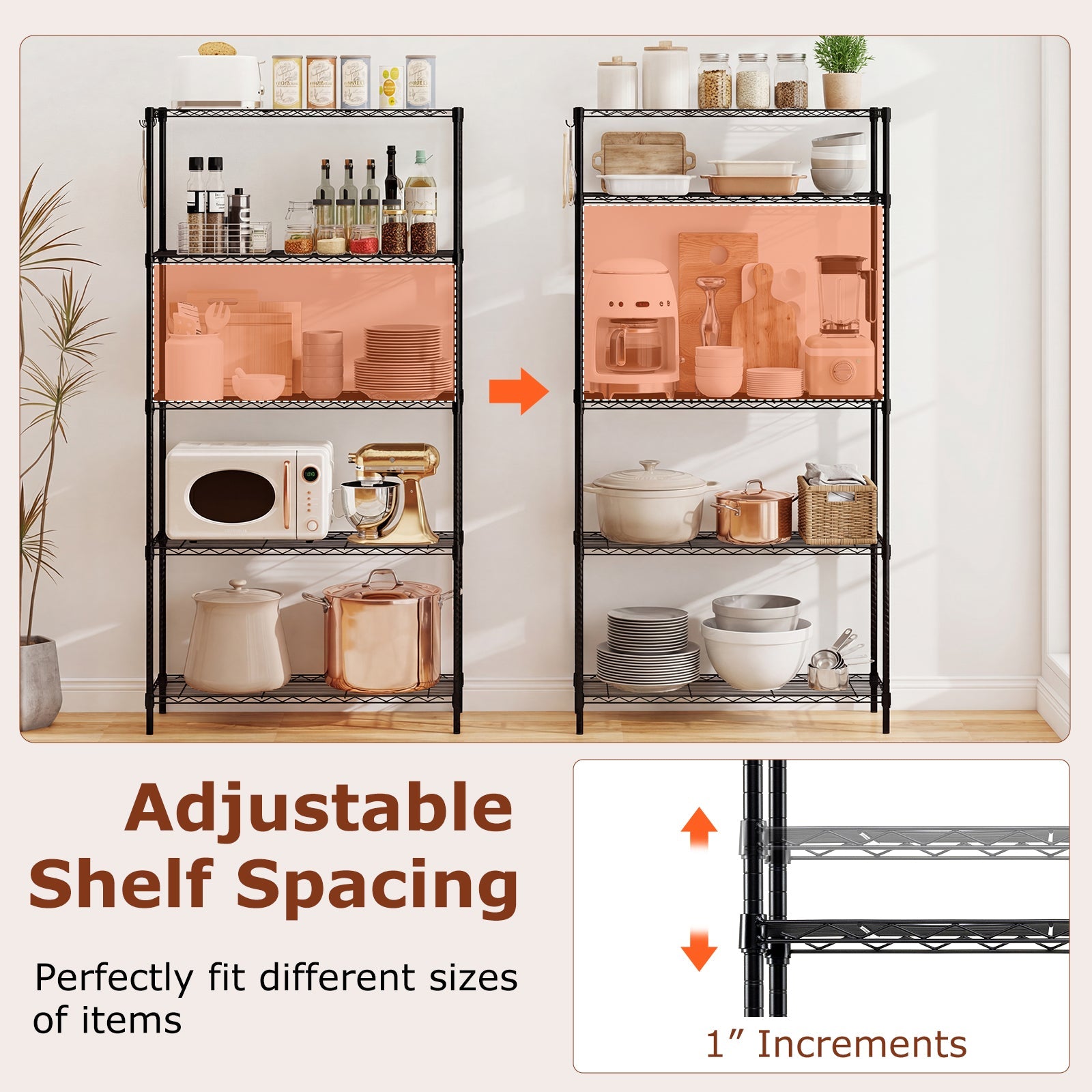 5-Tier Metal Storage Shelving Unit with V-Shaped Wire Rack and 1250 LBS Capacity-Black