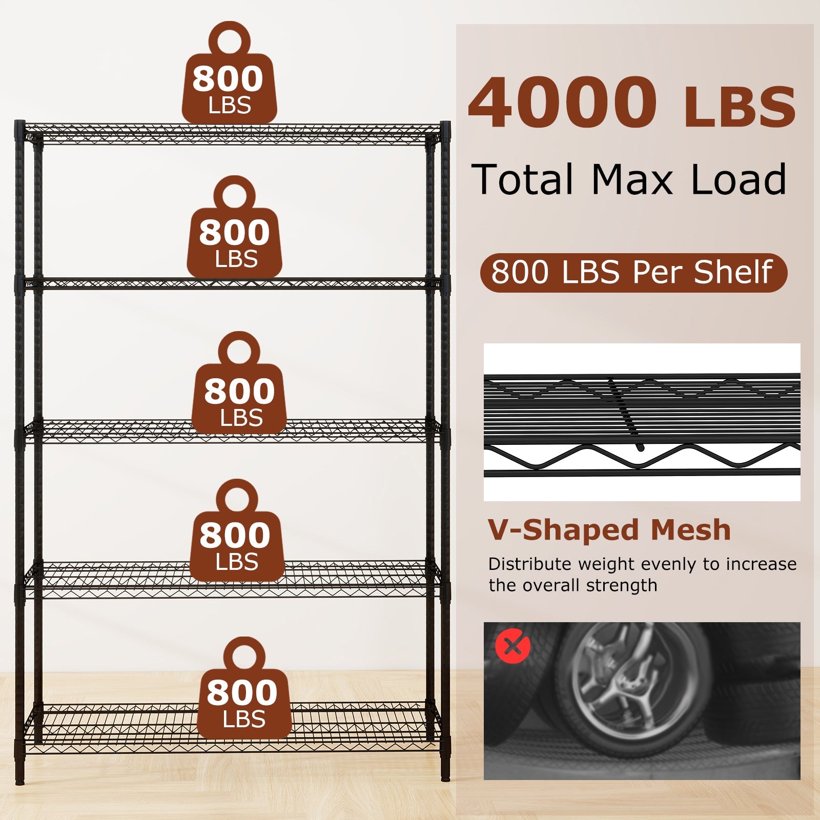 5-Tier Metal Storage Shelving Unit with V-Shaped Wire Rack-Black