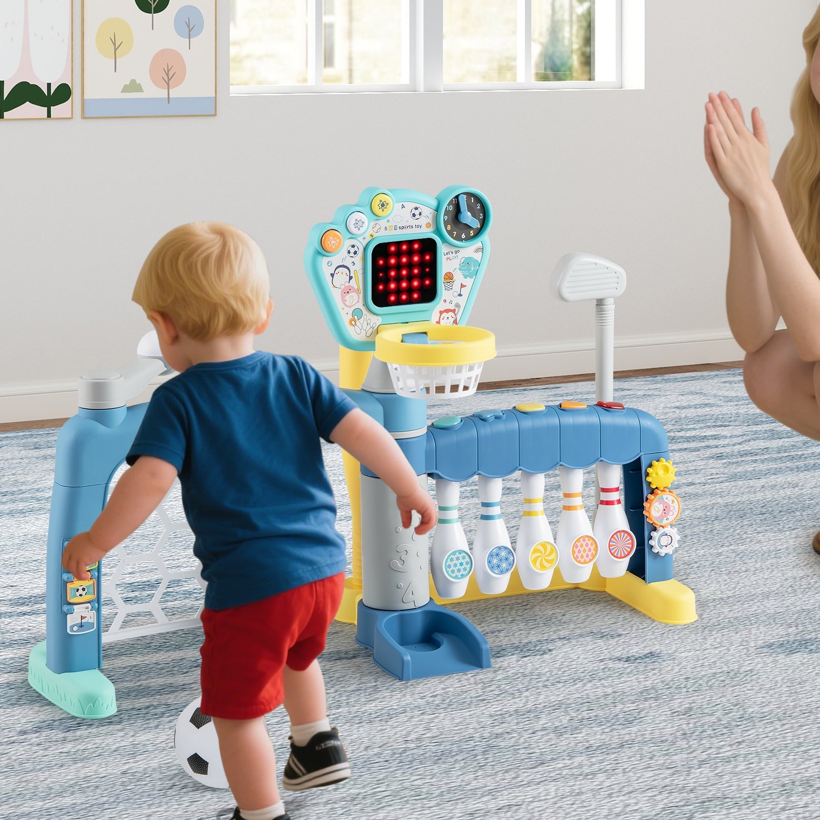 5 in 1 Toddler Sports Toy with Adjustable Basketball Hoop for Baby Boys Girls 18 Months+