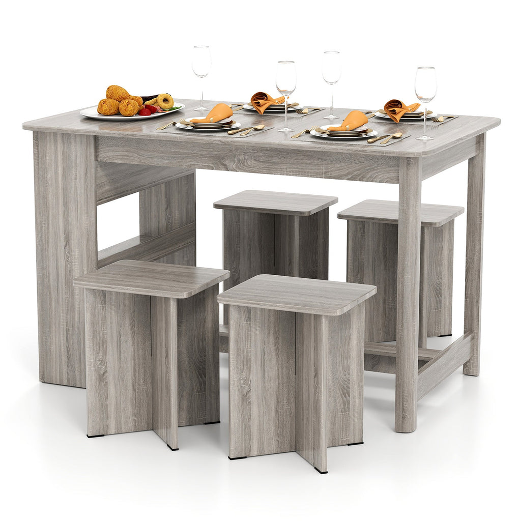 5 Pieces Dining Table Set with Storage Shelf and 4 Stools
