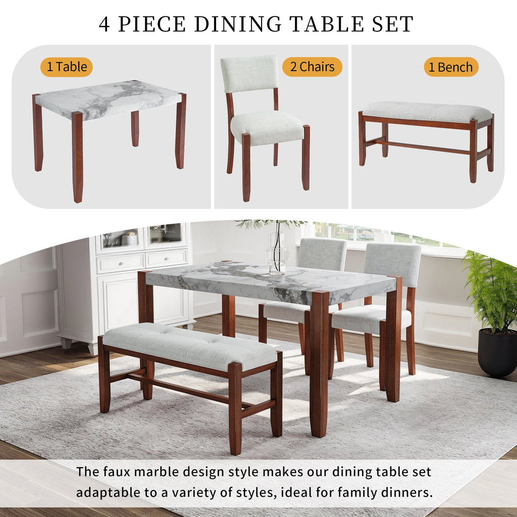 4-Piece Dining Set, 1 Marble-Look Table with 2 Upholstered Chairs and 1 Bench