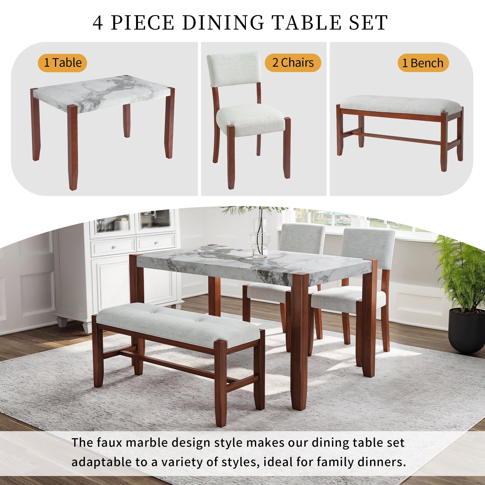 4-Piece Dining Set, 1 Marble-Look Table with 2 Upholstered Chairs and 1 Bench