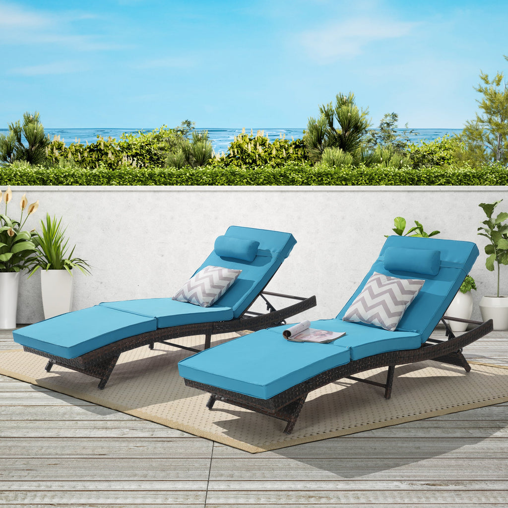 Outdoor Reclining Lounge Chair PE Rattan Light Blue Set of 2