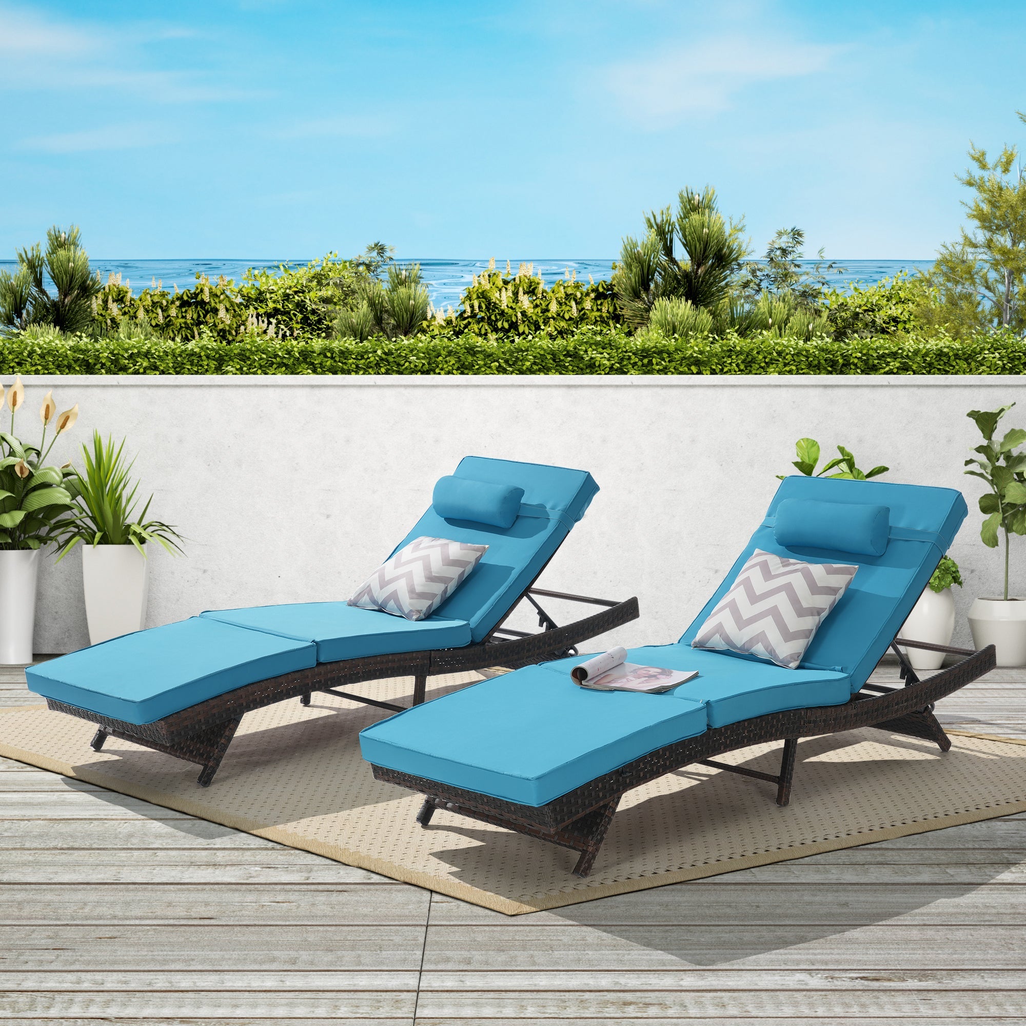 Outdoor Reclining Lounge Chair PE Rattan Light Blue Set of 2