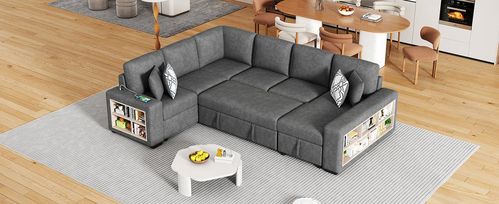 Sectional Sofa U-Shape Chenille Gray 5 Seat USB Ports Pull-Out 109 In