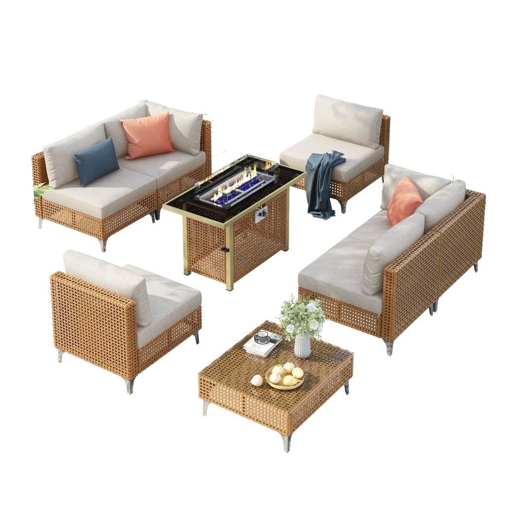 Outdoor Patio Set with Fire Pit Table Rattan Metal Beige 8 Piece