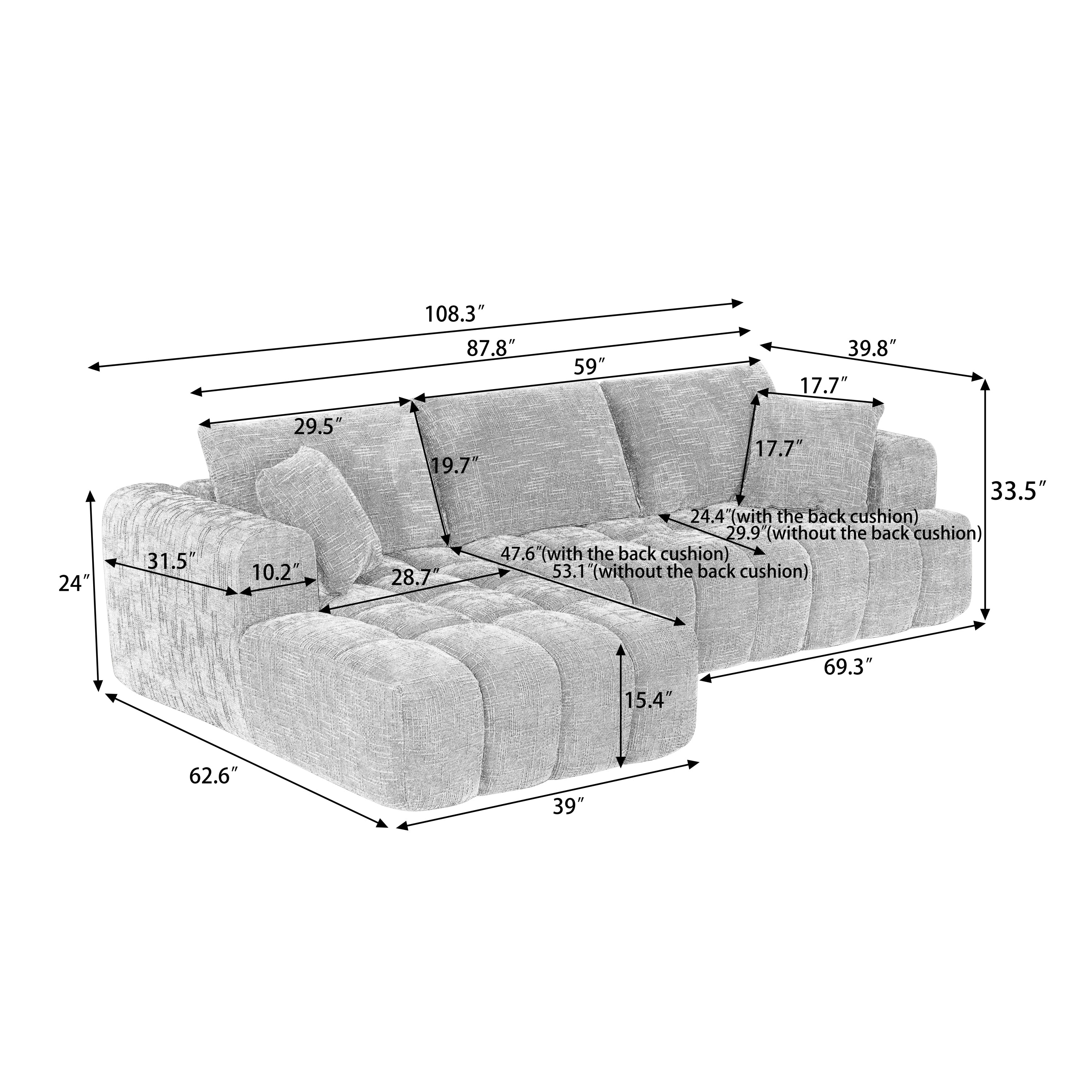Sectional Sofa L-Shape Chenille Orange 4 Seat 108 In No Assembly