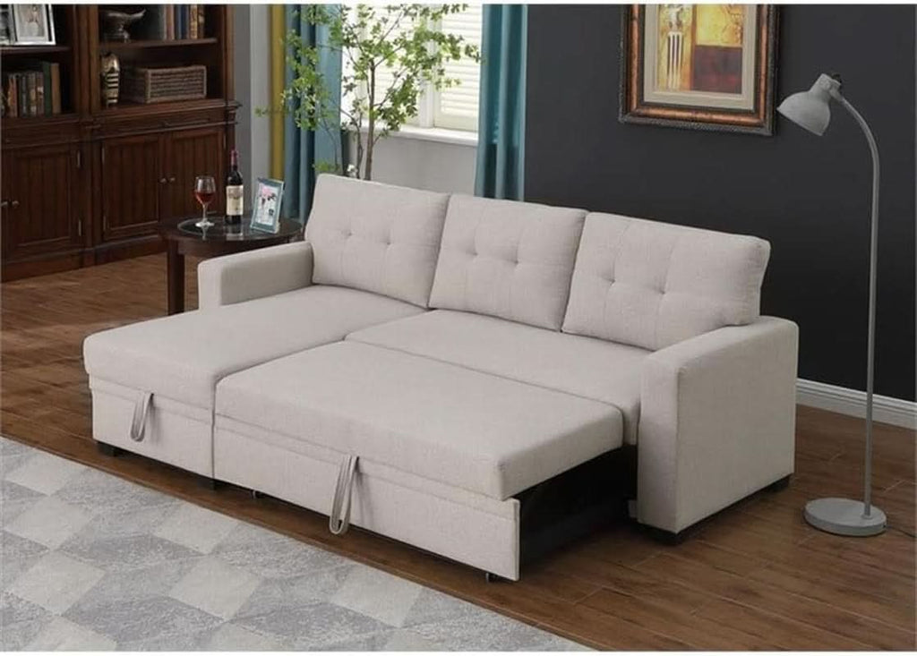 Beige L Shaped Convertible Sleeper Sectional Couch