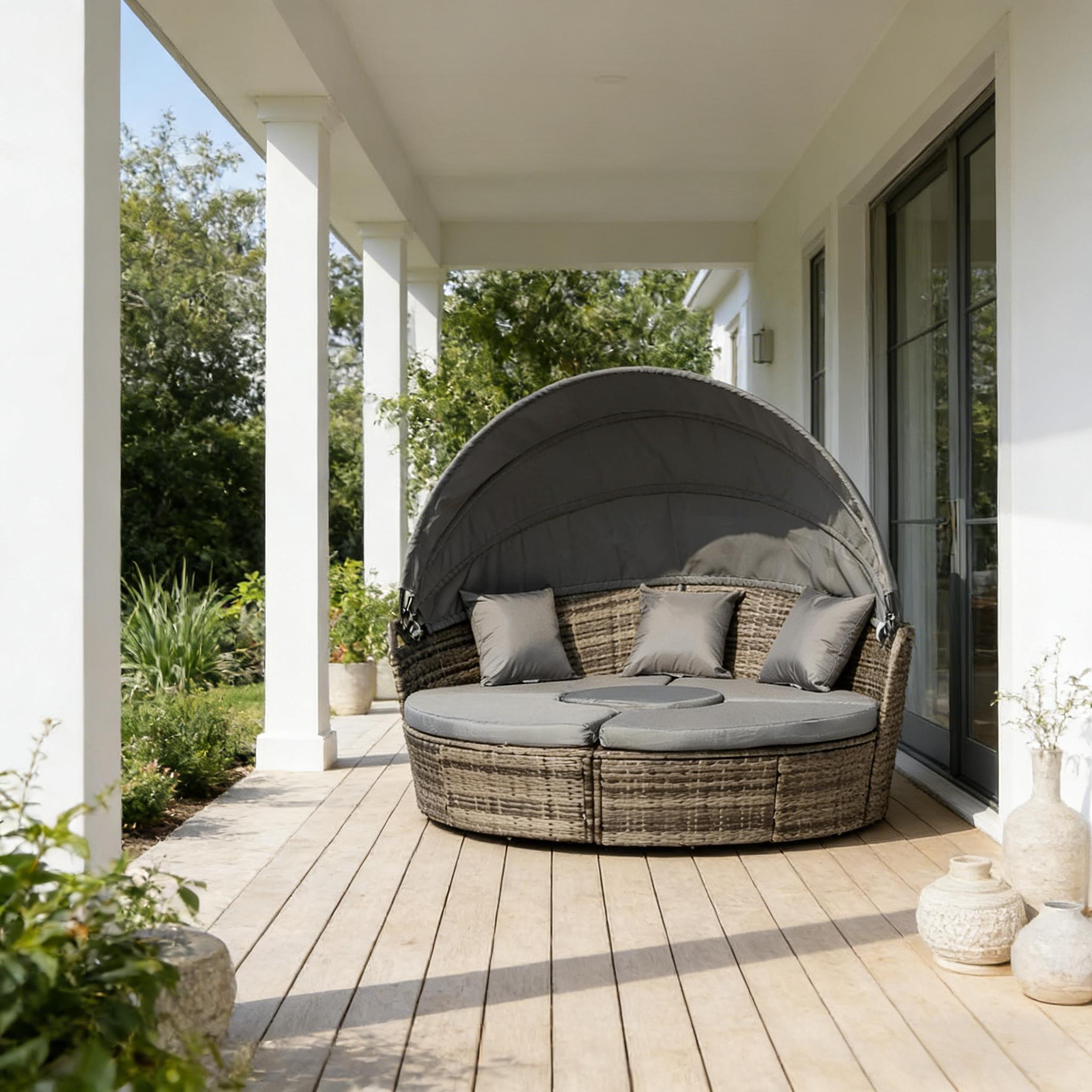 Outdoor Round Daybed Set PE Rattan Dark Gray 4 Piece Canopy 352 lb Cap