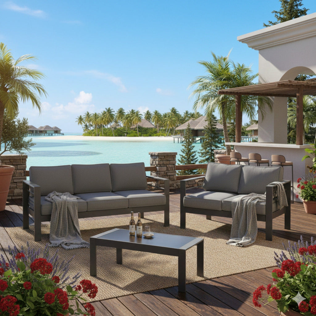 Outdoor Conversation Set 5 Seat Aluminum Gray Blue Cushion