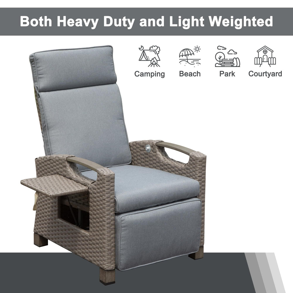 Outdoor Recliner Chair Wicker Gray Adjustable 150 Degree Flip Table