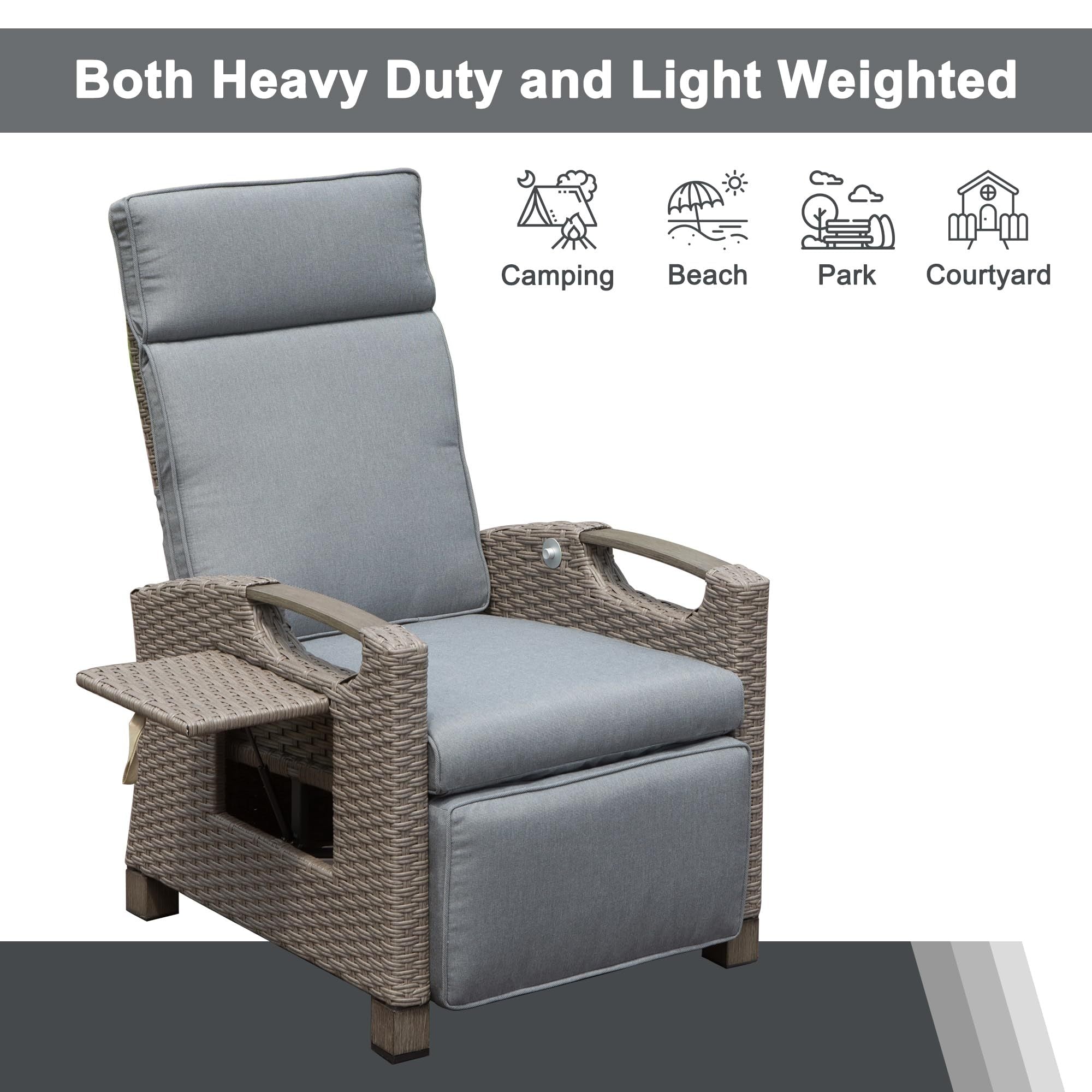 Outdoor Recliner Chair Wicker Gray Adjustable 150 Degree Flip Table