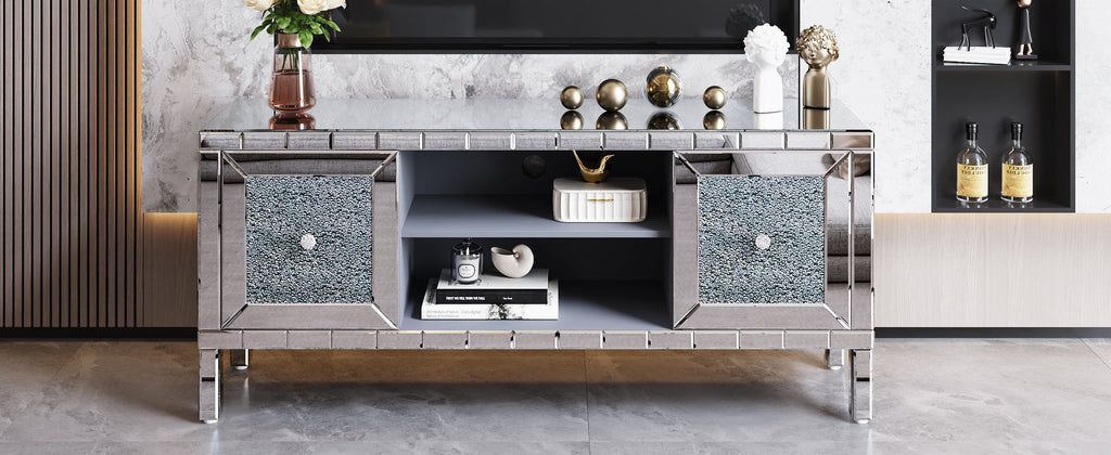 TV Stand Mirrored Crushed Diamond Glass Silver 59 In Fits 65 In TV
