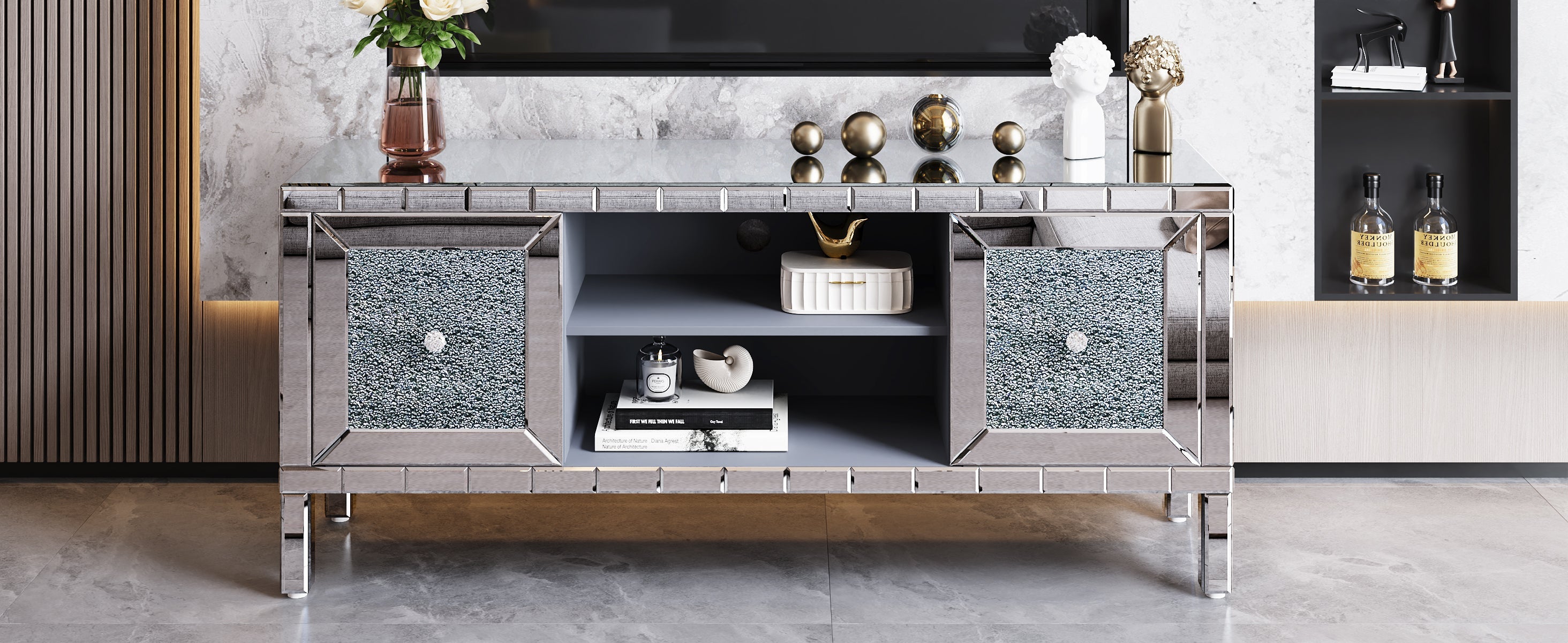 TV Stand Mirrored Crushed Diamond Glass Silver 59 In Fits 65 In TV