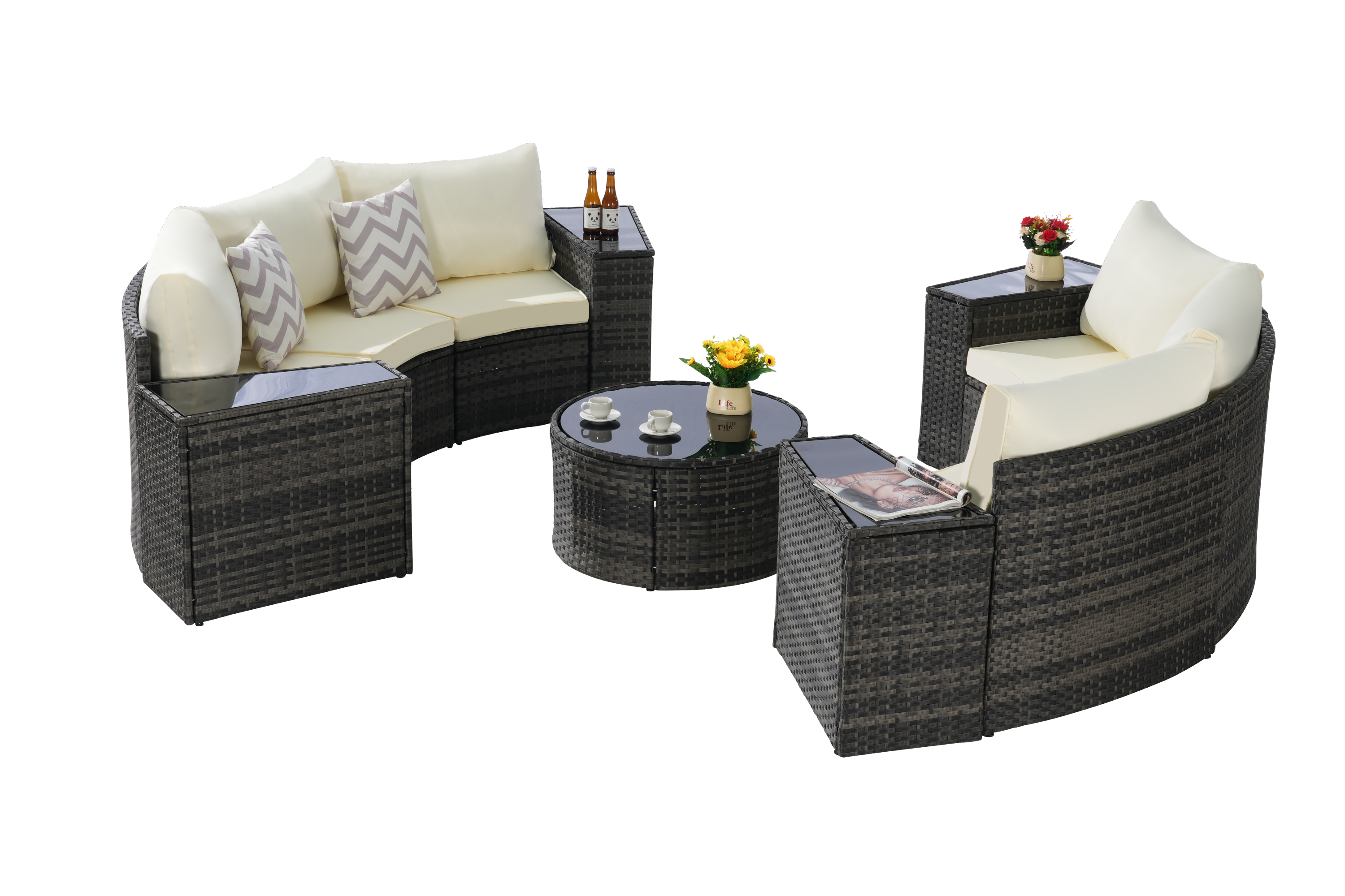 Outdoor Sectional Set PE Rattan Beige Half Moon 11pc
