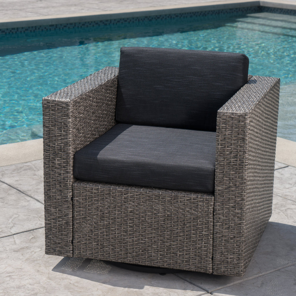 Outdoor Swivel Club Chair Wicker Iron Black Gray Cushion