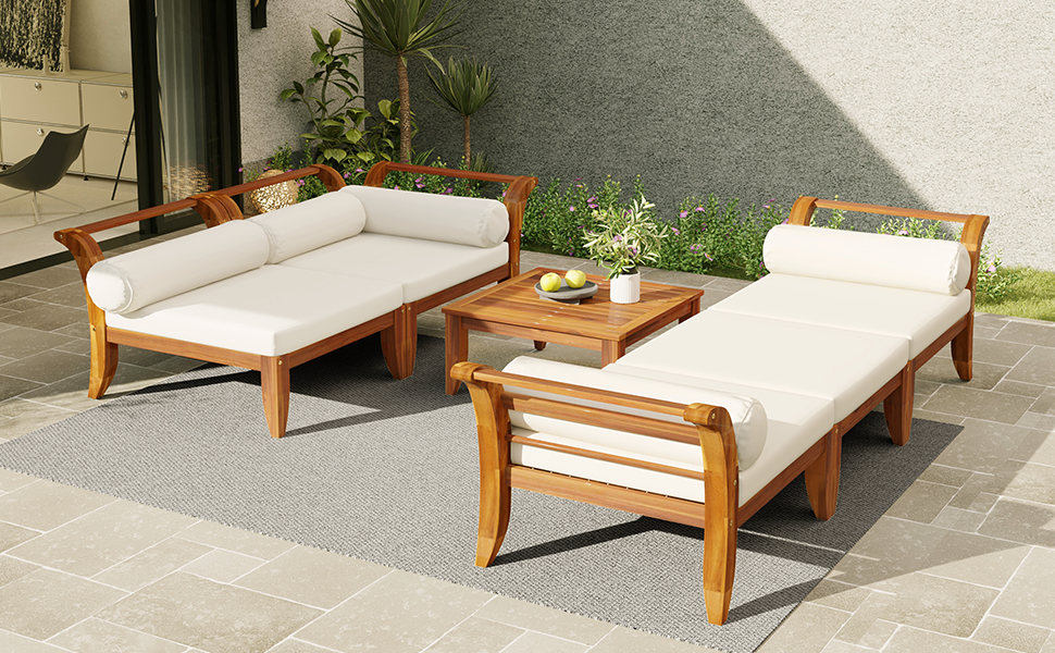 Outdoor Patio Set L-Shape Acacia Wood Teak Beige Cushions 6 Piece