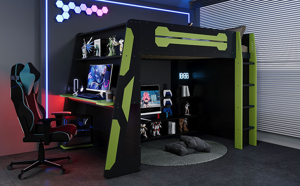 Full Size Wood Loft Bed with Desk, Multi-storage Shelves and RGB Light, Green