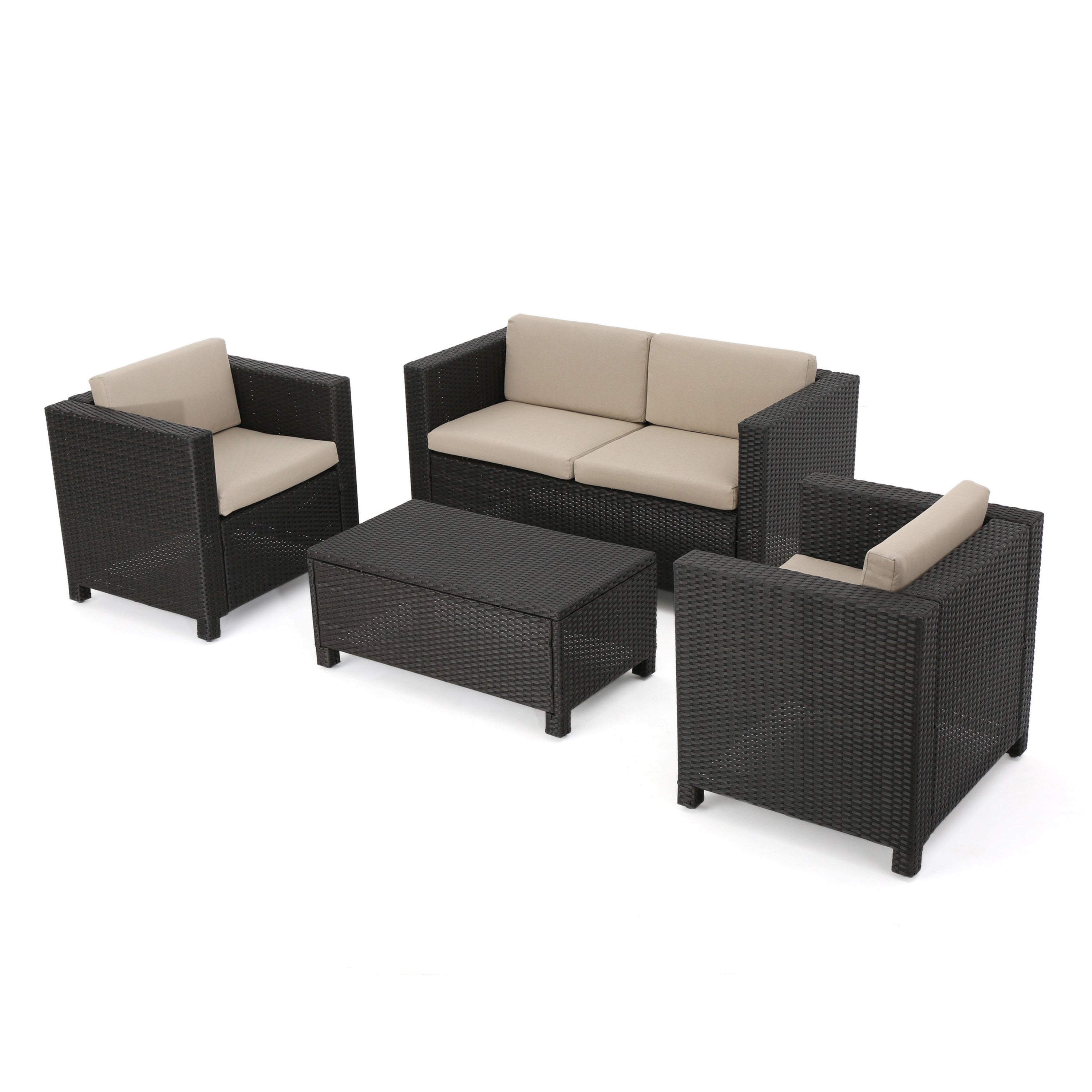 Outdoor Patio Set PE Rattan Dark Brown 4 Piece Loveseat Chairs Coffee Table