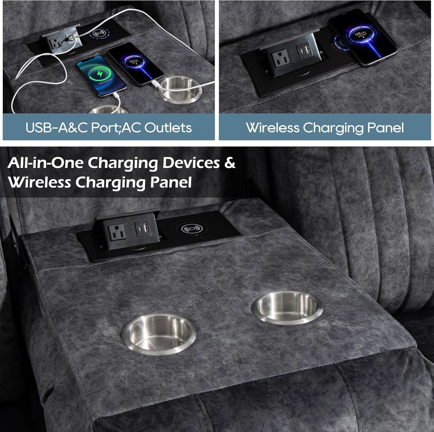 Grey Power Reclining Sofa With Zero Gravity USB Ports