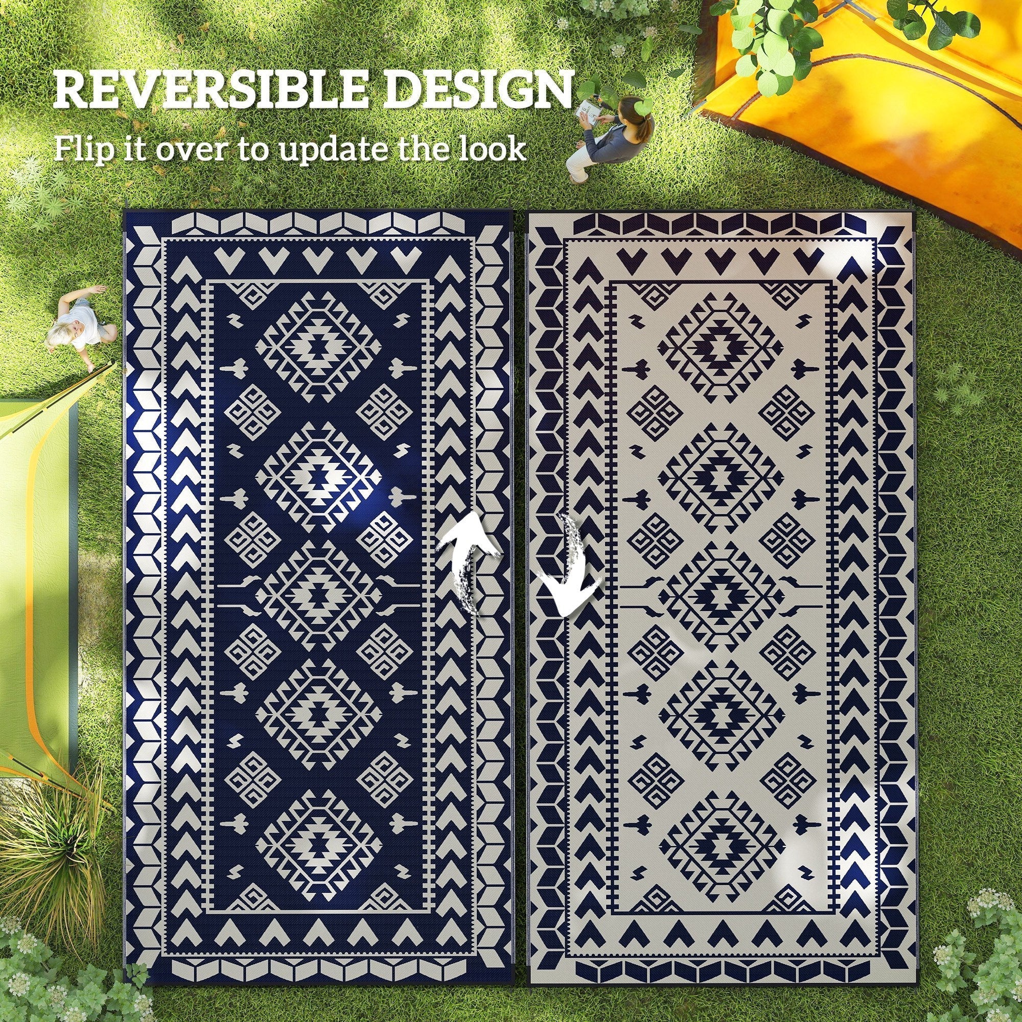 Outdoor Rug Reversible Polypropylene Blue White 9x18ft Portable