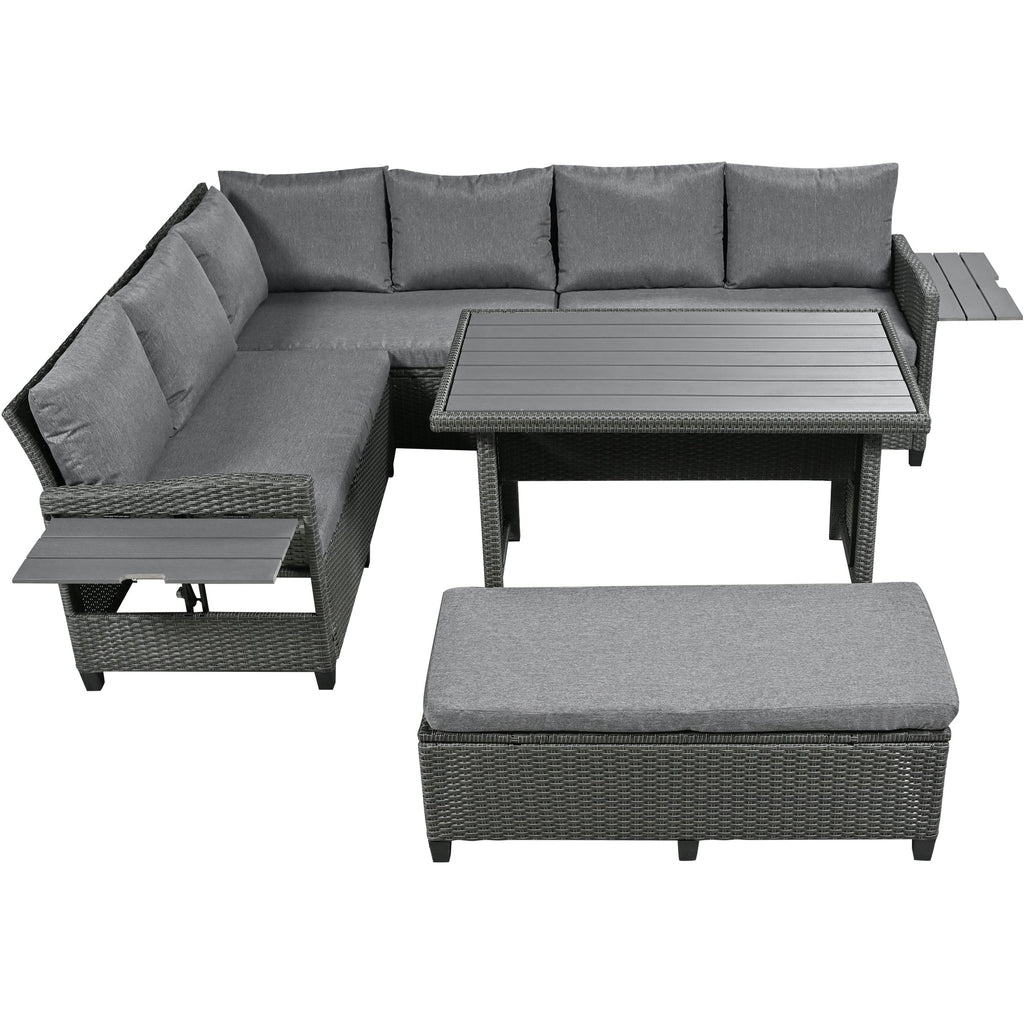 Outdoor Sectional Set PE Wicker Steel Gray 5 Piece L-Shape Seats 7