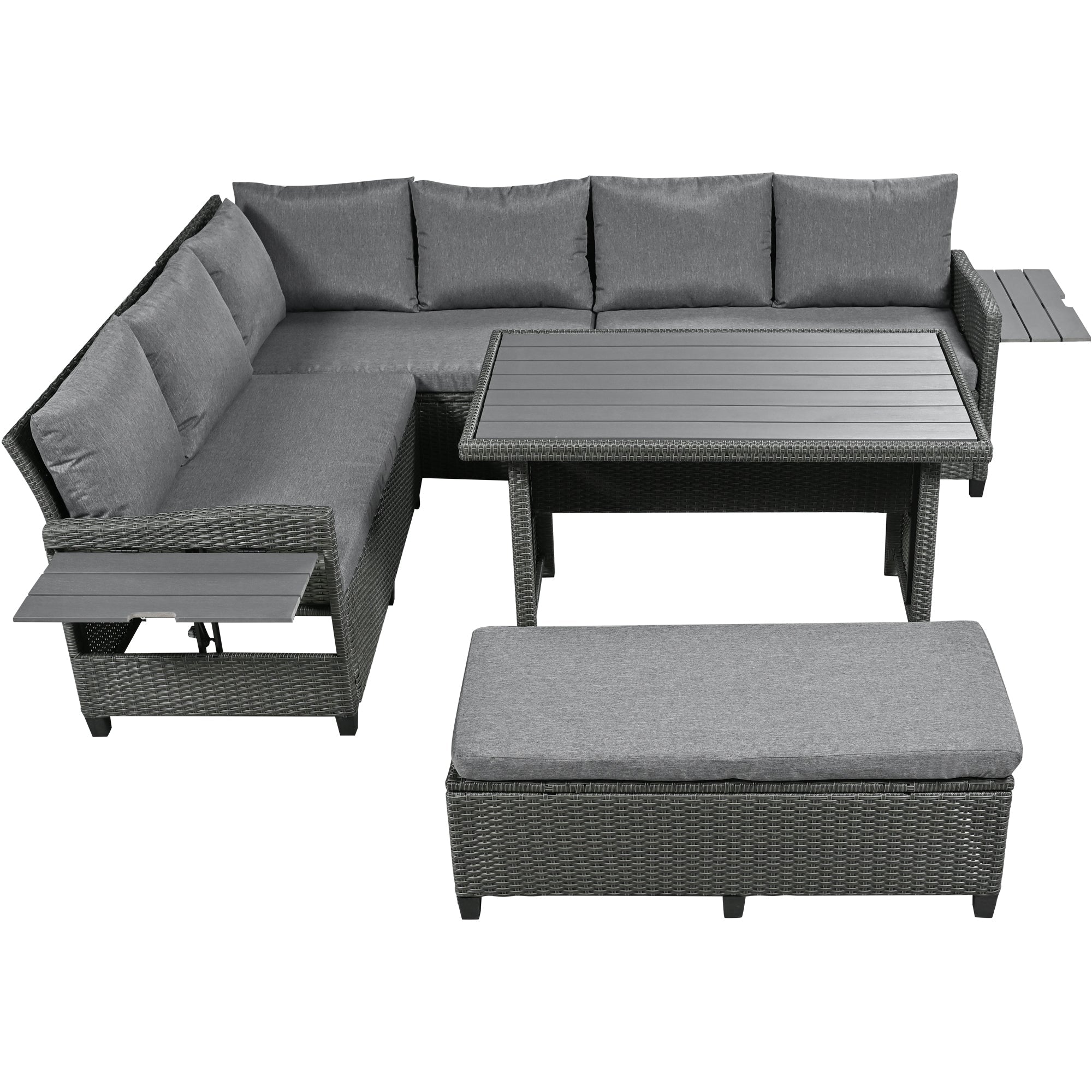 Outdoor Sectional Set PE Wicker Steel Gray 5 Piece L-Shape Seats 7