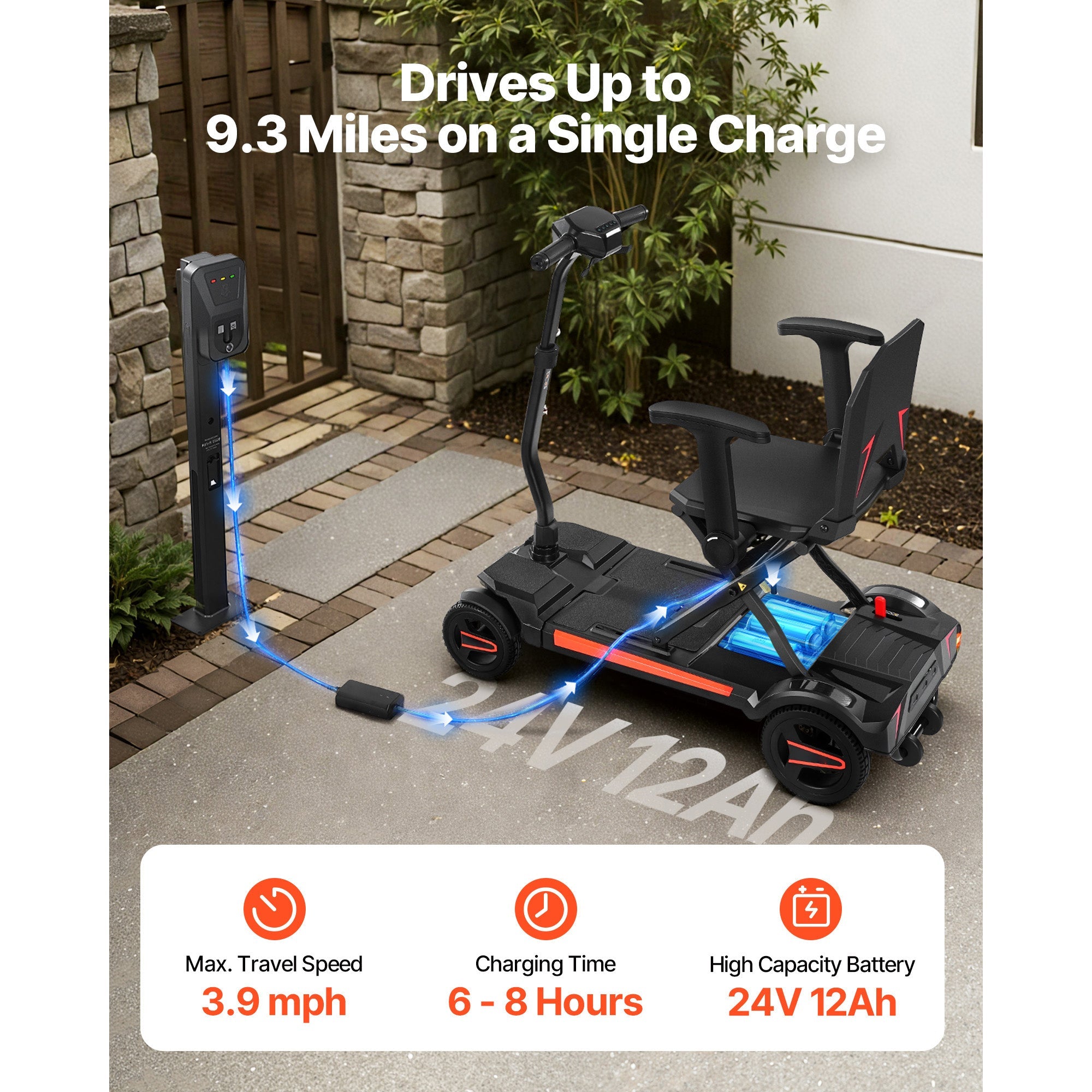 Mobility Scooter 4-Wheel Auto-Folding Remote Control 265 LB Black Orange