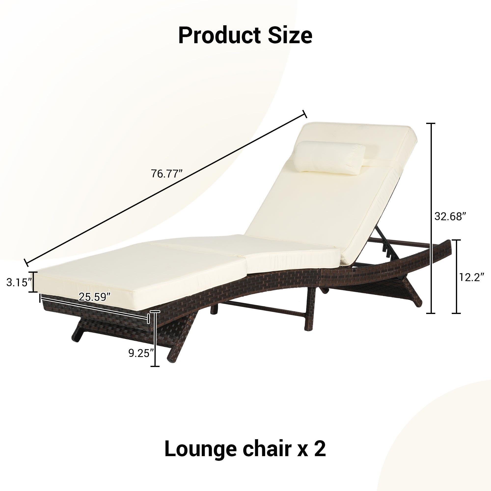 Outdoor Reclining Lounge Chair Wicker Khaki Set of 2 150 Degree 600 LB