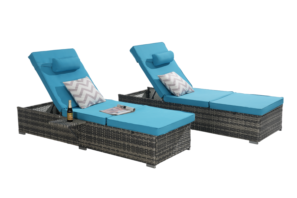 Chaise Lounge PE Rattan Steel Light Blue 5 Position Set of 2 600 LB