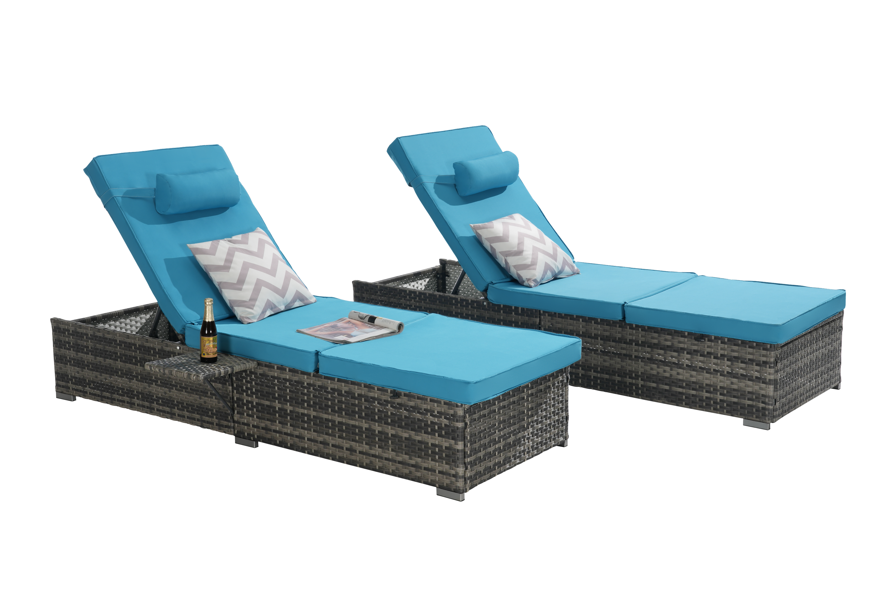 Chaise Lounge PE Rattan Steel Light Blue 5 Position Set of 2 600 LB