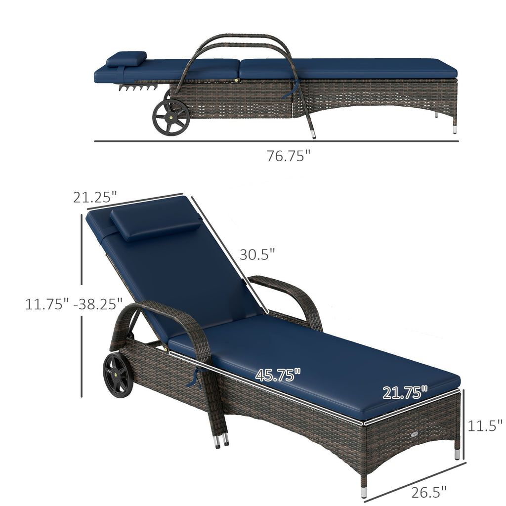 Chaise Lounge PE Rattan Dark Blue 5-Position Wheels Set of 2 76in