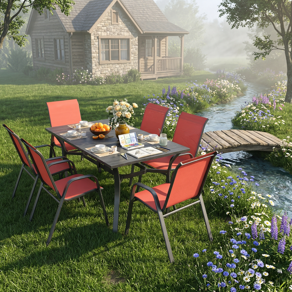 7-Piece Outdoor Patio Dining Set, 63' x 38' Rectangular Wood-Grain Metal Table