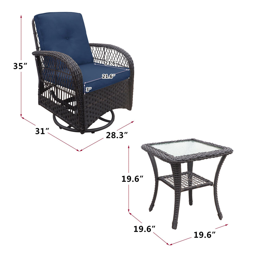 Outdoor Conversation Set Wicker Swivel Rocker Navy Glass Table 3 Piece