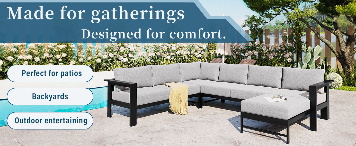 Outdoor Sectional Set Iron Gray U-Shape Seats 5 to 6 5.9 In Cushion