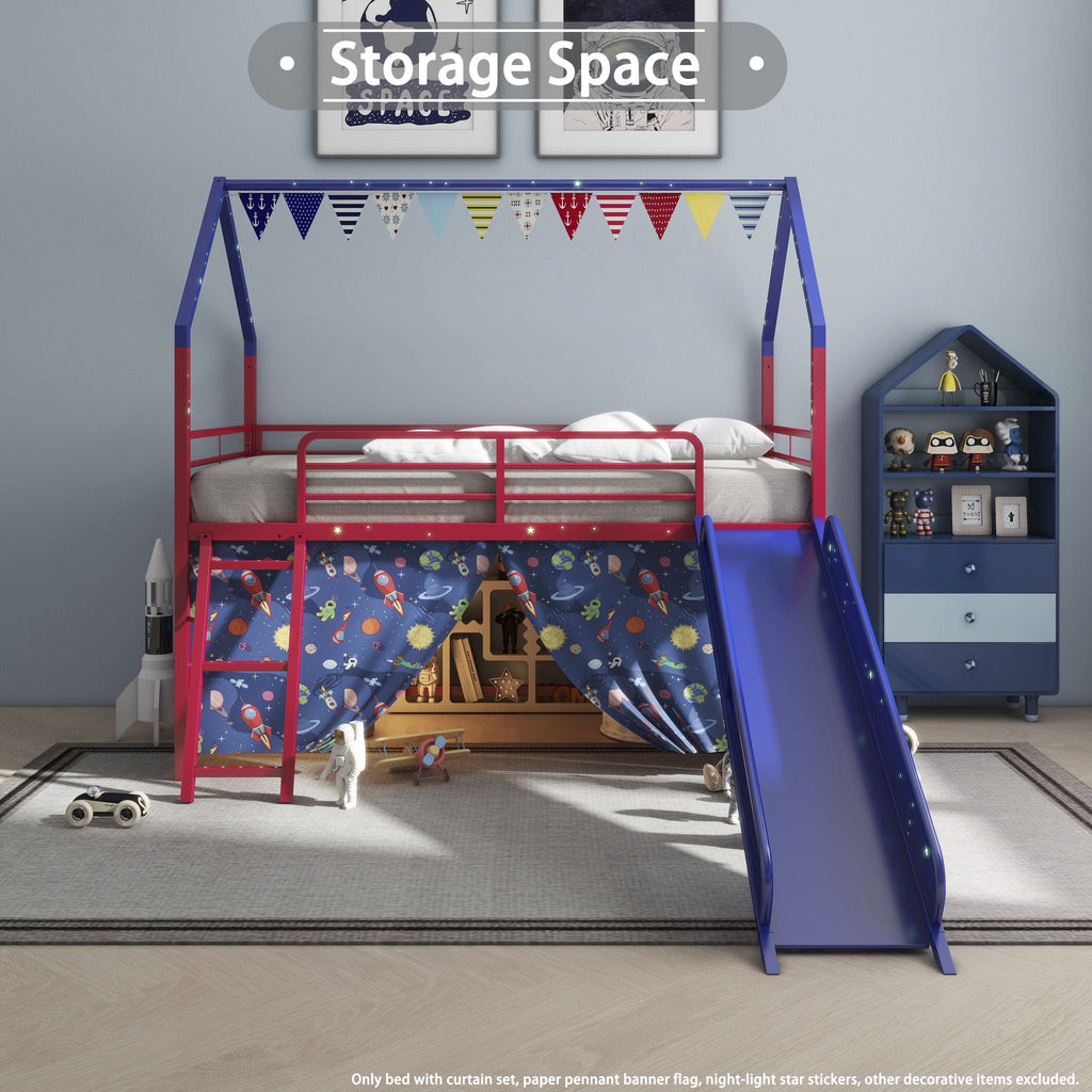 Jack - House Loft Bed With Slide And Curtain Set