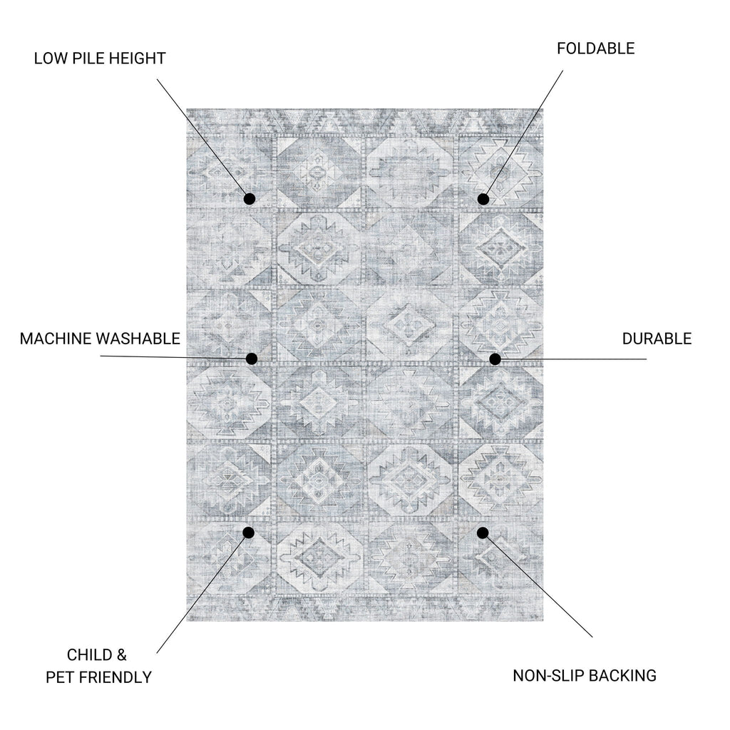 Toucan - 5' X 7' Washable Non - Slip Area Rug - Silver