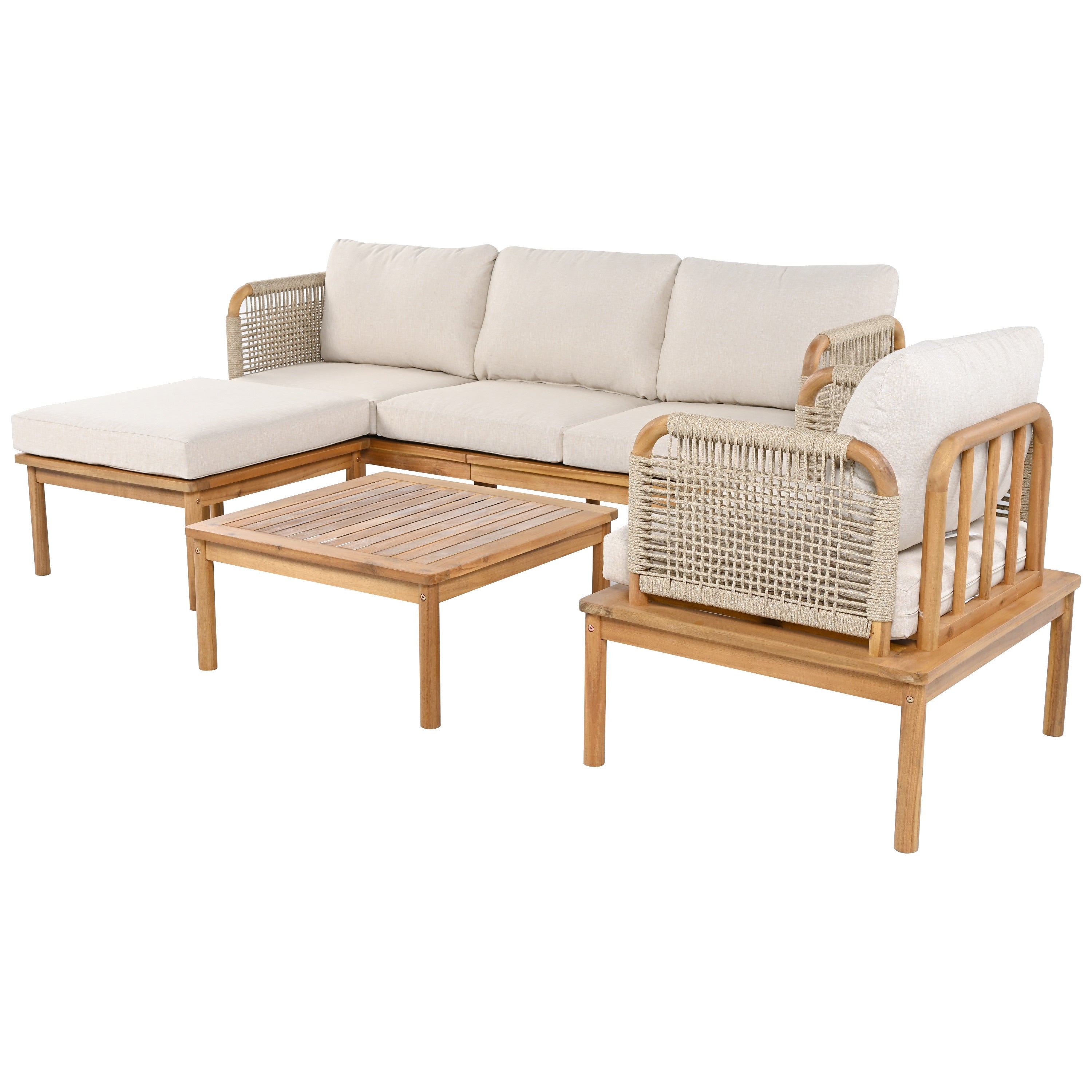 Outdoor Sofa Set Acacia Wood Rope 4 Piece Teak Beige