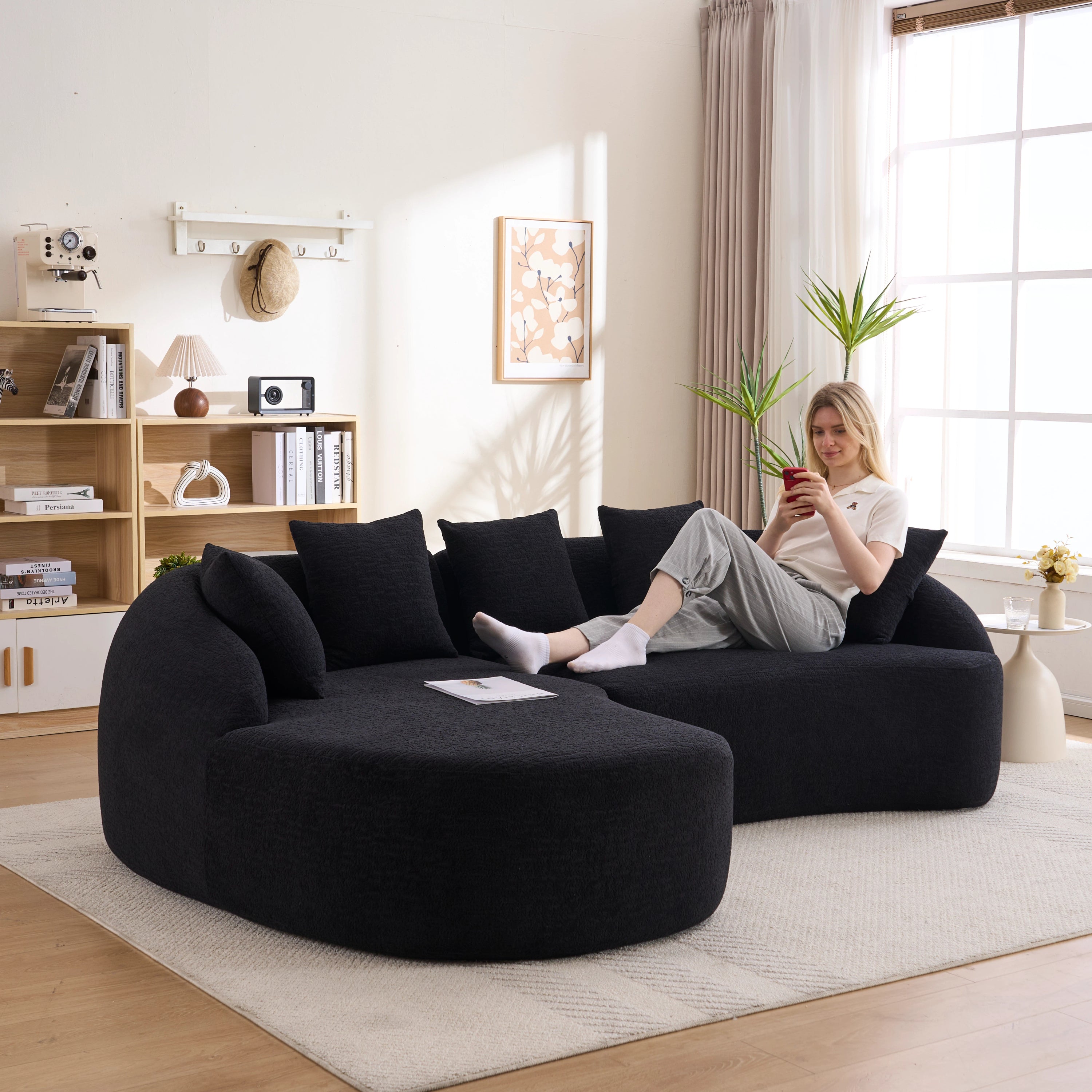 Sectional Sofa L-Shape Curved Chaise Chenille Black 5 Seat 106 In