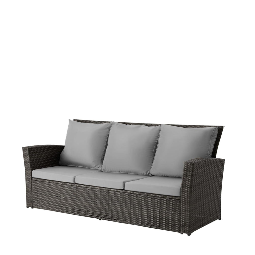 Outdoor Sofa PE Rattan 3 Seat Gray Cushions Black Iron Frame 68in