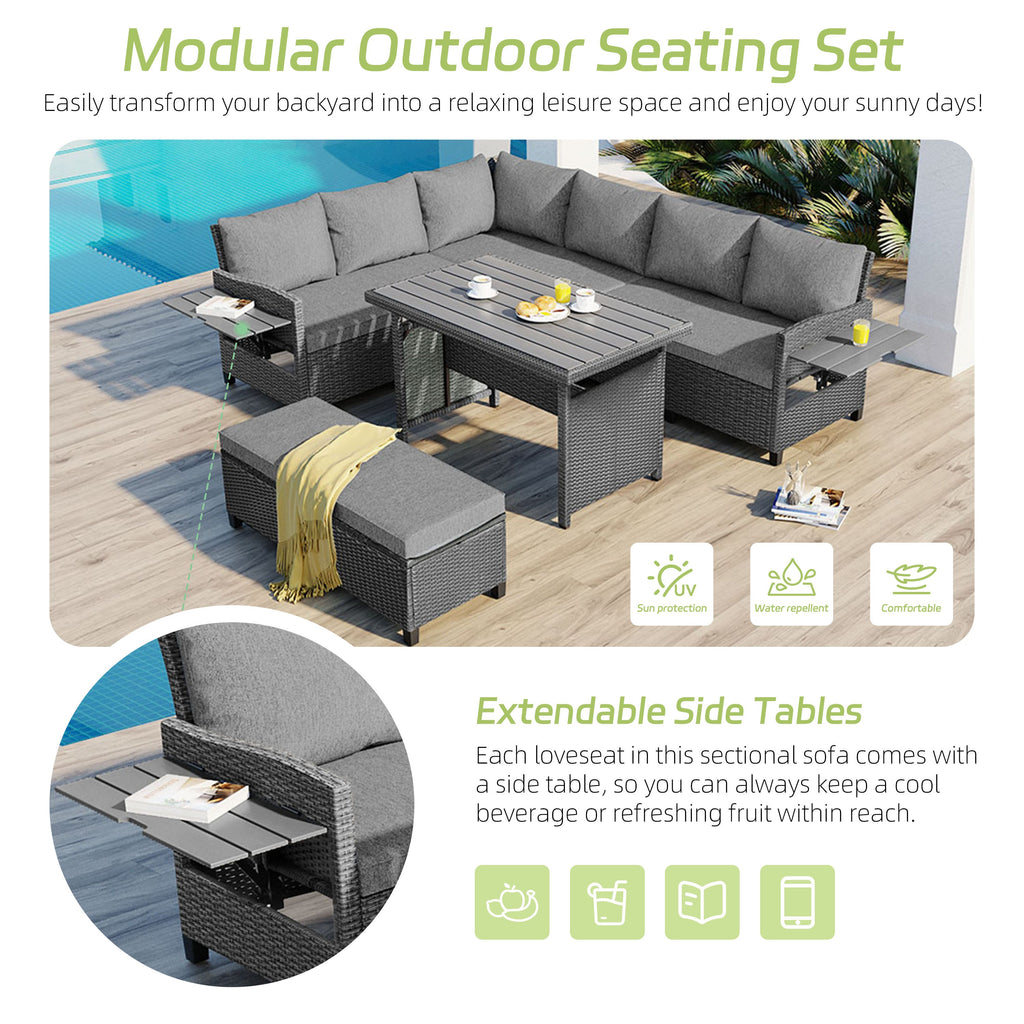 Outdoor Sectional Set PE Wicker Steel Gray 5 Piece L-Shape Seats 7