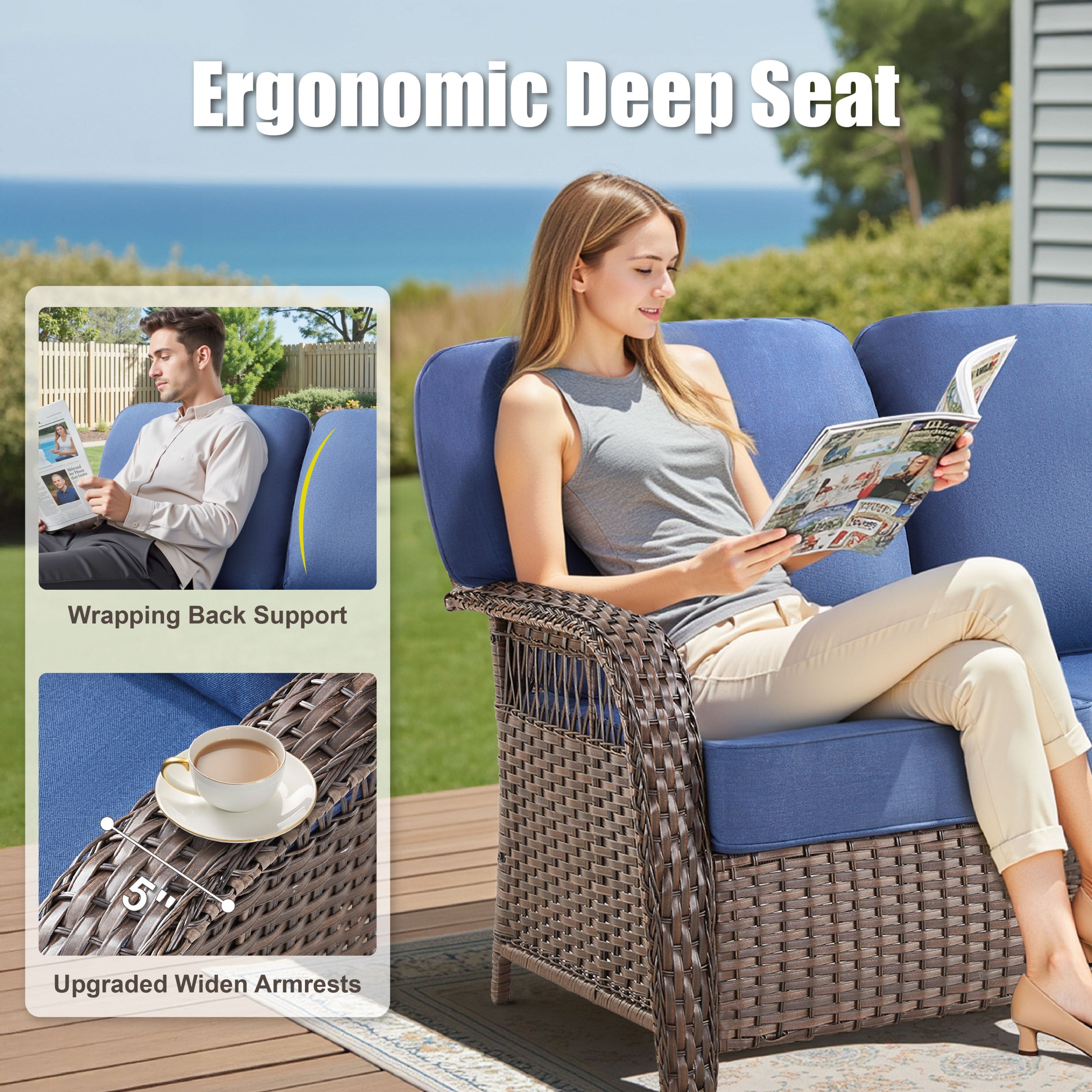Outdoor Sofa T-Back PE Rattan Blue 3 Seat 5 in Foam Cushions 75in