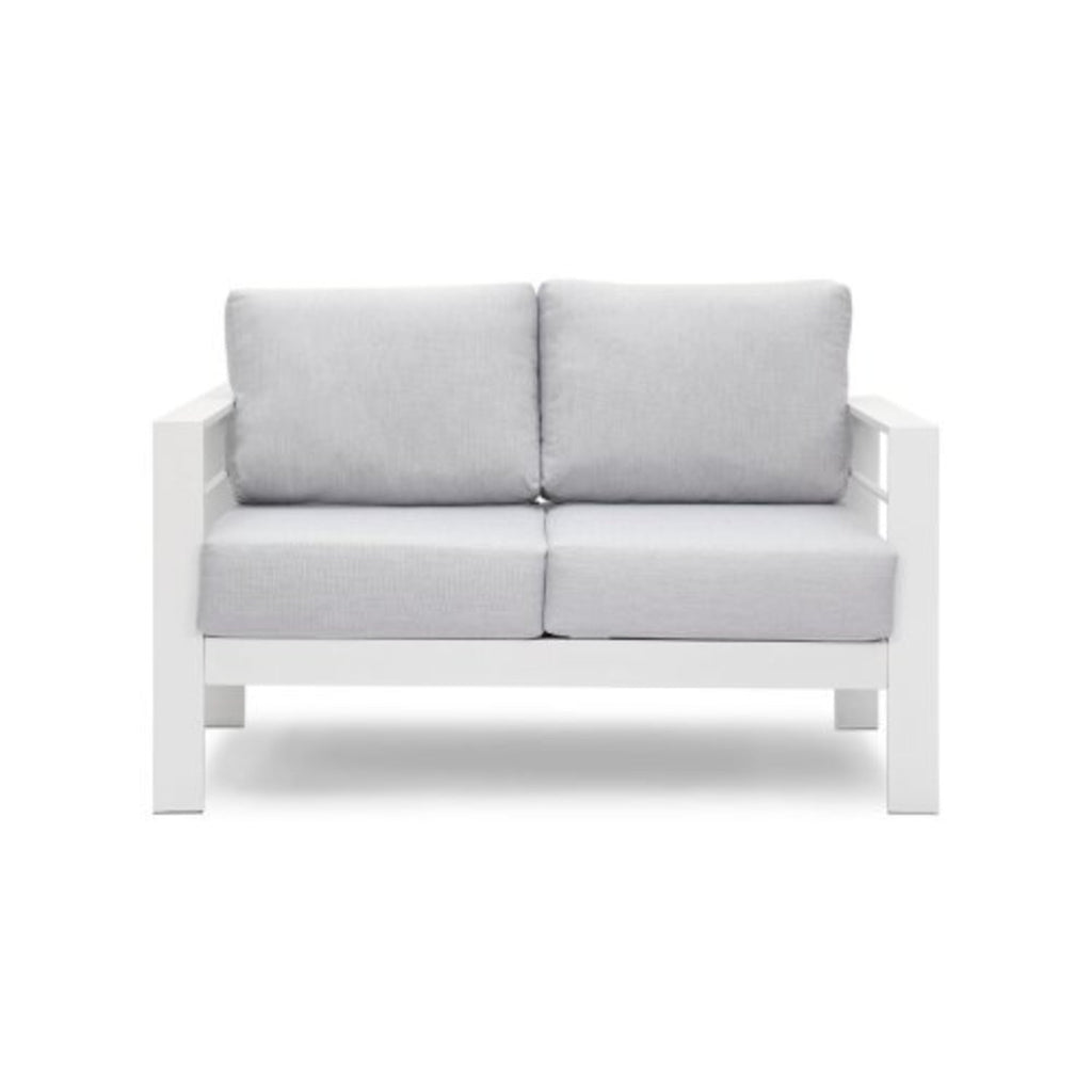 Outdoor Loveseat Aluminum White Gray Cushion 50in 600 lb Capacity