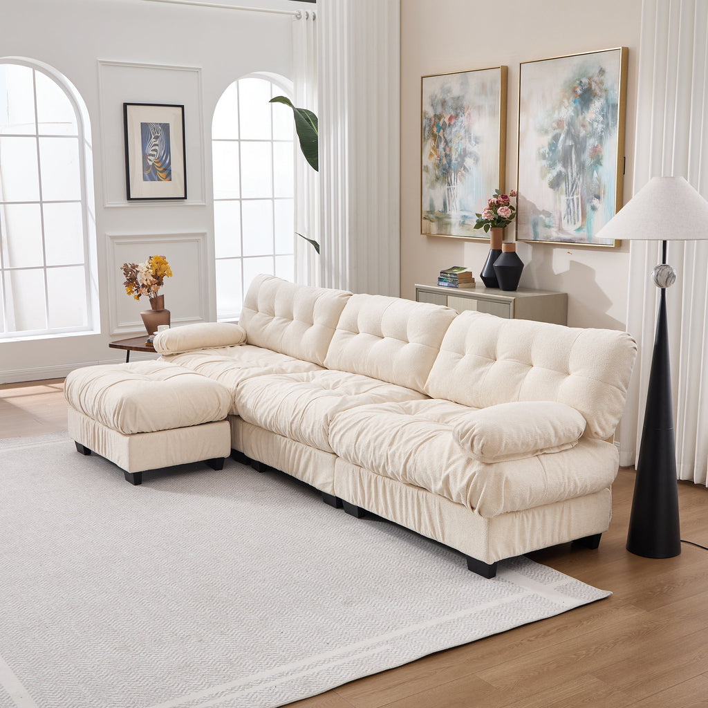 Sectional Sofa L-Shape Flannelette Beige 4 Seat Ottoman 123 In Deep Seat